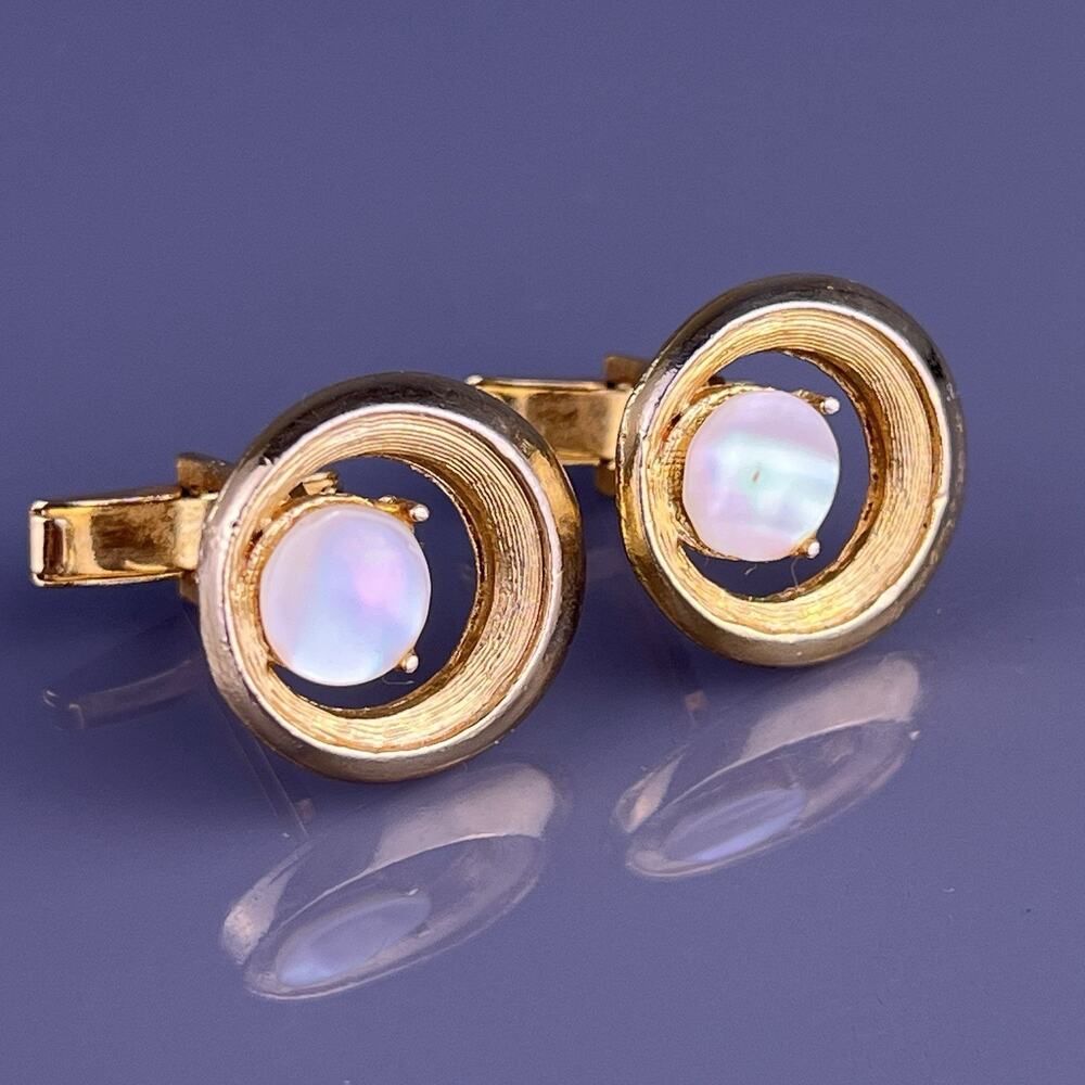 Round Mother of Pearl Cufflinks Gold Tone Open Frame Floating Vintage